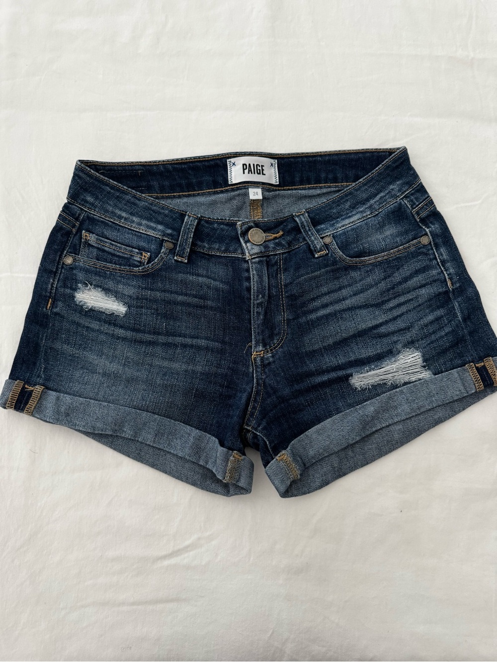 PAIGE Dark Blue Distressed Cuffed Denim Shorts